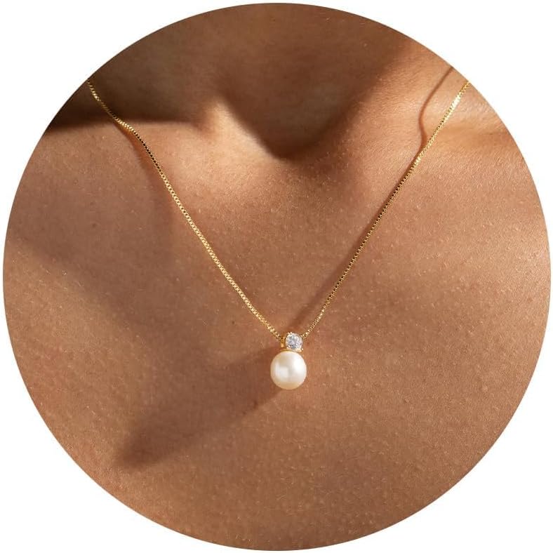 PRTGL Store Pearl Necklace: 14K Gold-Plated/White Gold-plated Pearl Necklace for Women 16.5” + 2” - Image 1